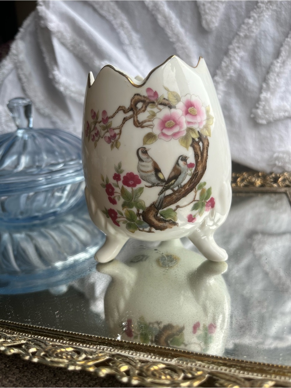 Decorative White Porcelain Egg Vase with Pink Floral & Bird Motif